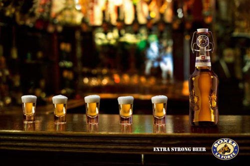 Boxer la Forte beer ads - Extra strong beer drunk in shots rather than beer glasses