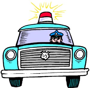 Cartoon drawing of police car with police man. Funny car jokes and driving jokes.
