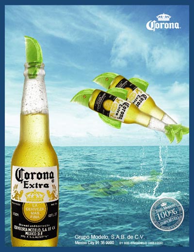 Corona ads - Two Corona Extra beer bottles jumping out of the water like dolphins.