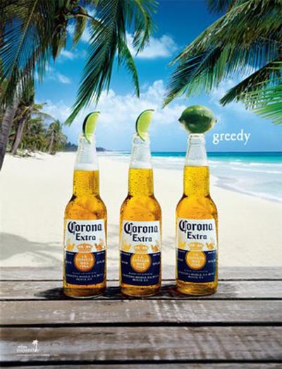 Corona Extra ads - Three bottles, two with a slice of lime, and one with a whole lime