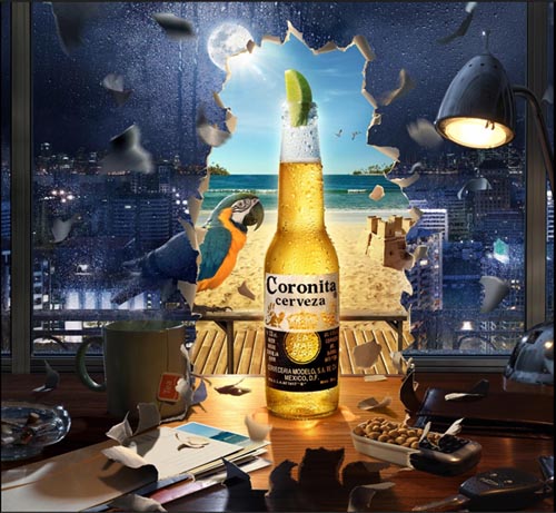 Coronita Cerveza beer ads - a dark office vs. sunny beach.