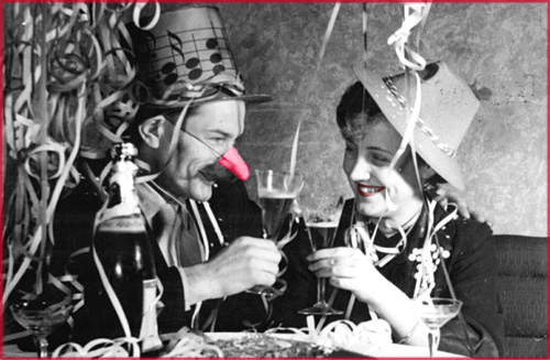 Funny happy New Year card. Old New Years Eve party photo of man and woman.