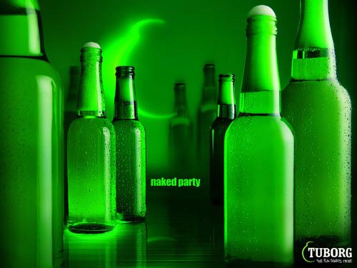 Tuborg ads - Naked Party - Many Tuborg bottles without labels, all 'naked'.