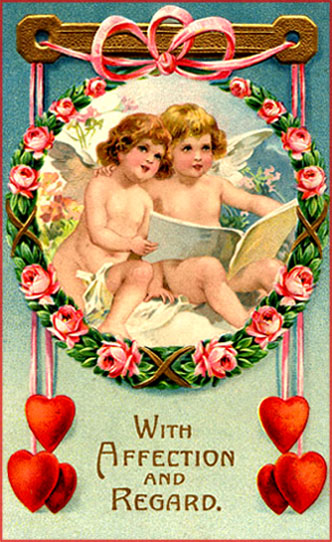 Sweet Vintage Valentine pictures of two cupids looking in a book