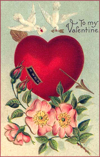 Vintage Valentines Day cards Two white doves a big heart and rose twig 