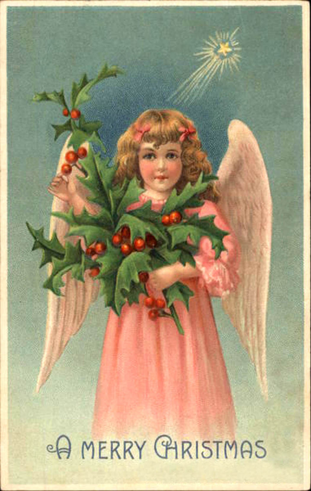 Card of an angel girl in pink dress holding a holly branch and star shining down from above