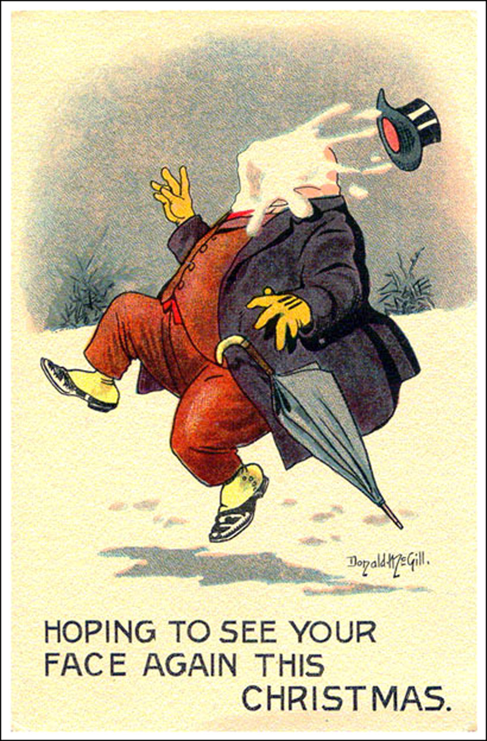 Man gets a snowball in the face - funny Christmas card by Donald mcGill