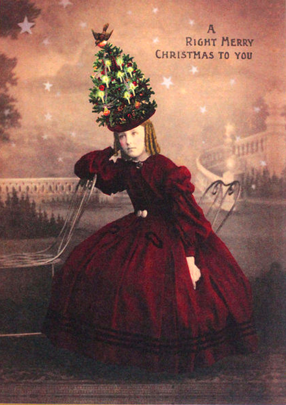 Woman with Christmas tree on her head - funny vintage Xmas postcard