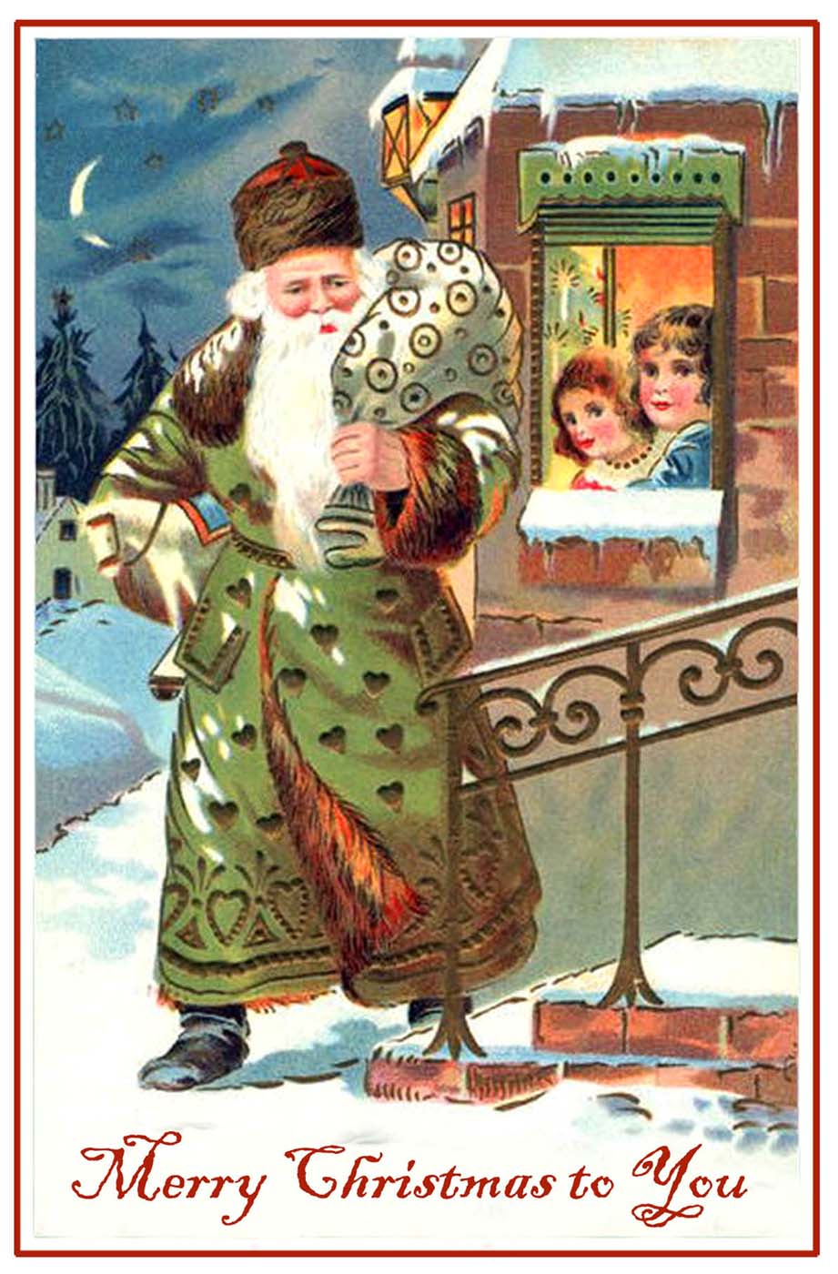 Christmas post card of a green clad Santa Claus with children looking at him through a window