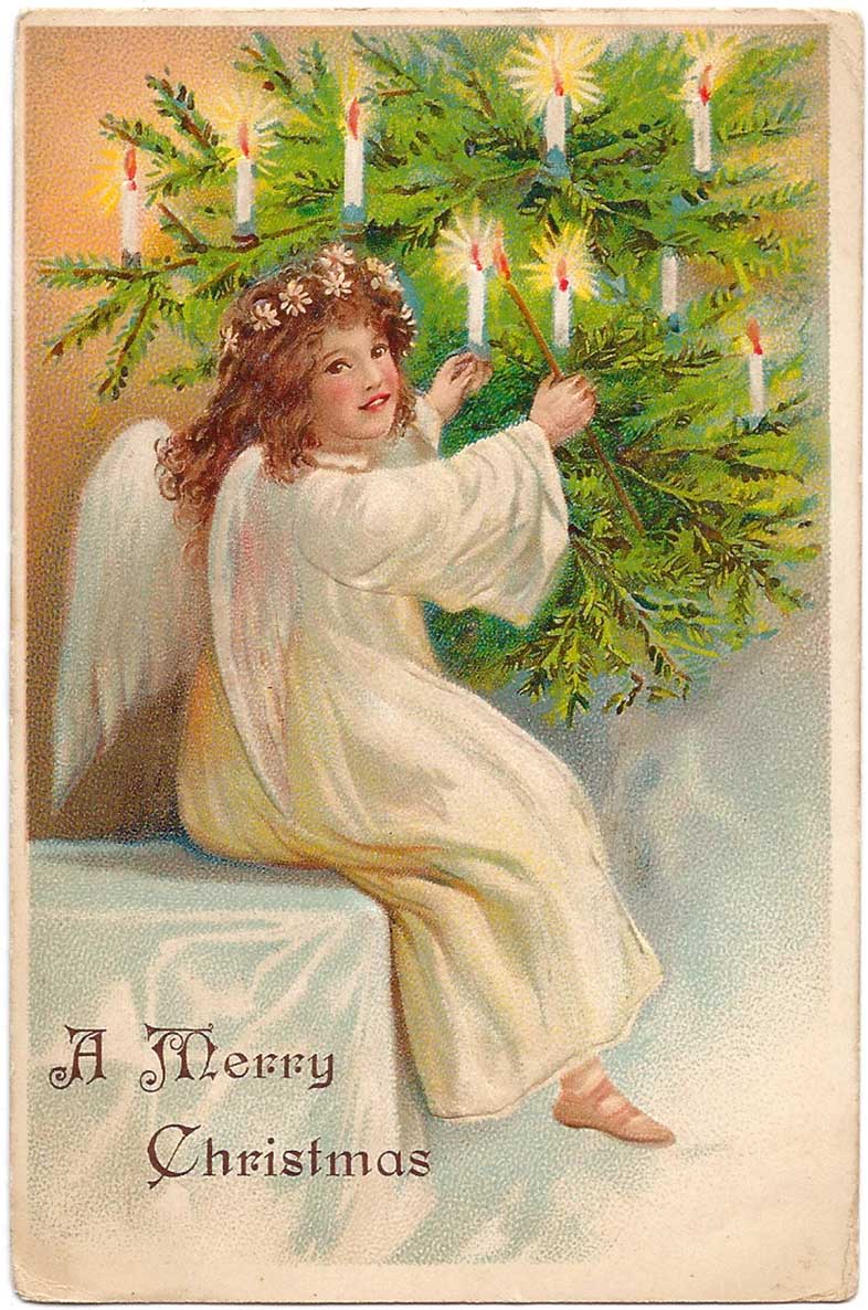 Angel lighting candles on a Christmas tree postcard from 1909