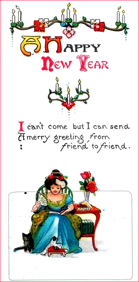 Old greeting card with woman sitting in a chair and a fan in one hand.