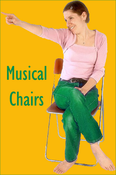 Playing musical chairs with Christmas carols and teens: Young woman on a chair. 
