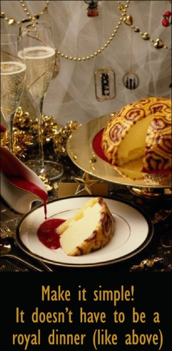 Make your Chrismas dinner simple. Picture of Chrismas dinner scene with Christmas cake.