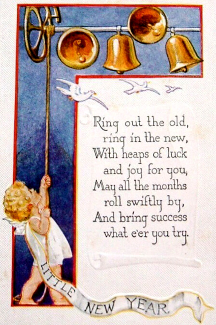 Free Vintage Card: Angel ringing in the new year with bells and rhyming New Year Poem.