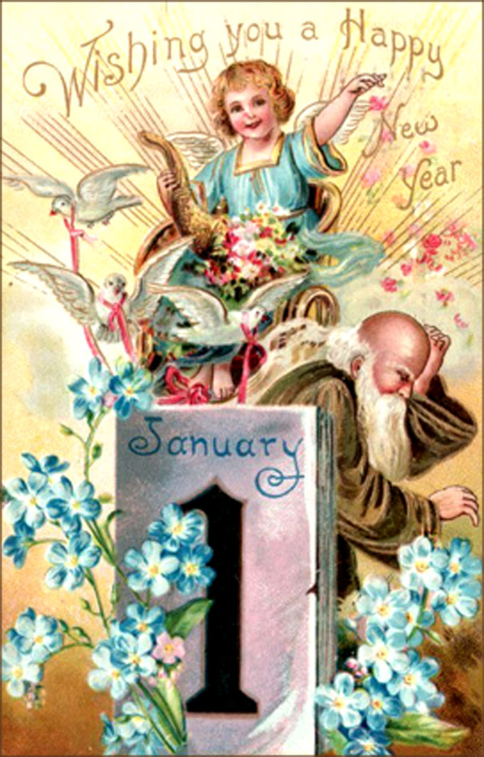 Old vintage New Years greeting card with angel and Father Time.