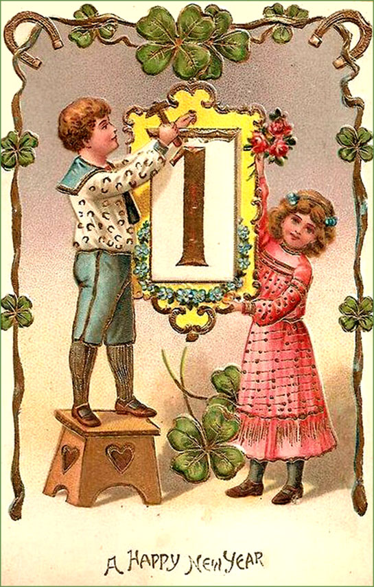 Vintage card: Little girl and boy with a January first picture.