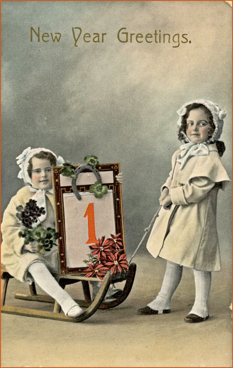 Two sweet girls in vintage New Year greeting card.