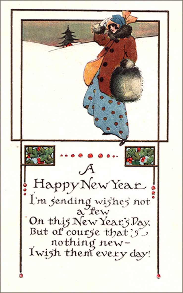 Elegant Art Nouveau Happy New Years Greeting Card with woman walking in the snow and rhyming New Years poem.
