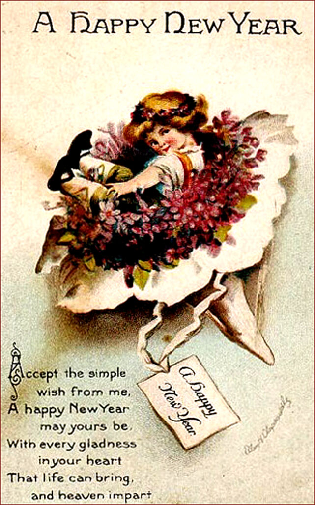 Vintage New Year Greeting Card: Short poem and little girl in a flower bouquet.