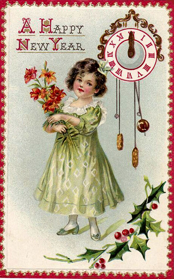 Happy New Years postcard in vintage style: Little girl with bouquet of flowers and clock.