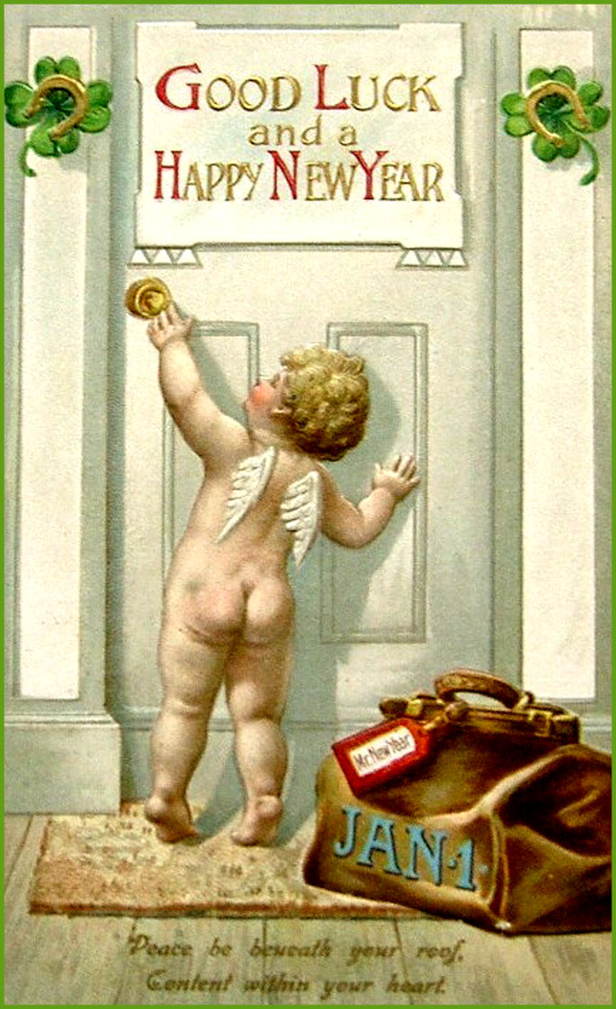 New Years greeting card with angel by door reaching out for the door knob.
