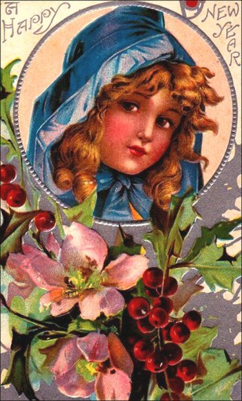 Vintage Happy New Year Greeting: Girl in blue hood surrounded by flowers.
