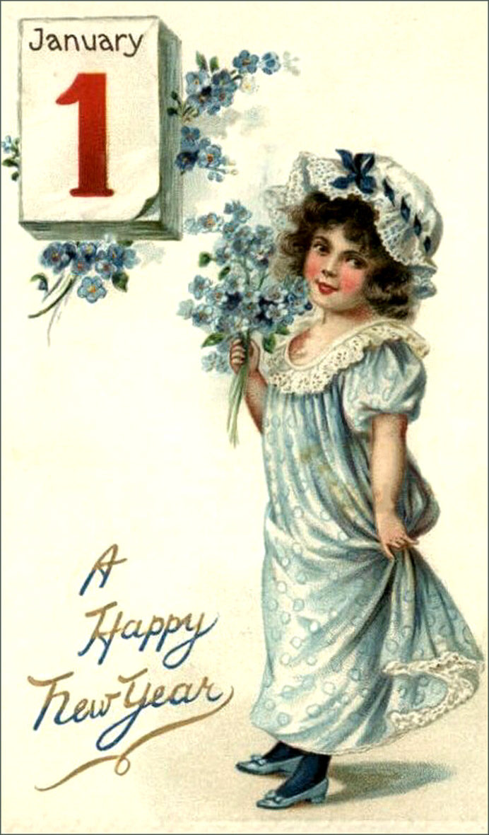 New Year vintage picture of little girl in blue holding a bouquet of flowers.