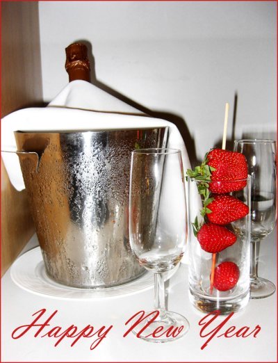 Happy New Year card modern style: Strawberries and champagne.
