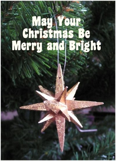 Merry Christmas greeting card with gold star: May your Christmas be merry and bright!