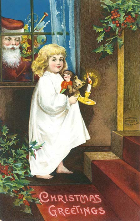 Christmas vintage postcard, young girl, Santa Claus 