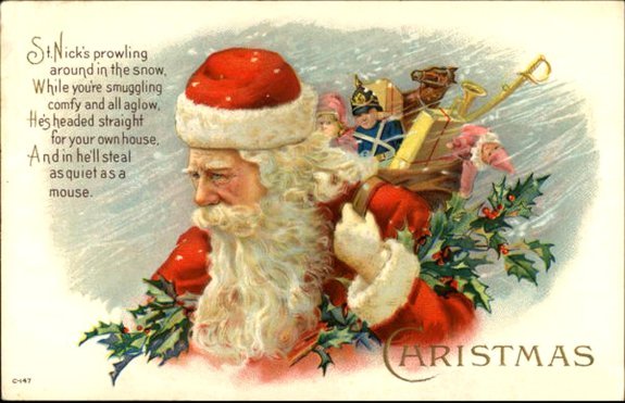 Vintage postcard (and poem) of St Nick (Santa Claus) striding through the snow with presents