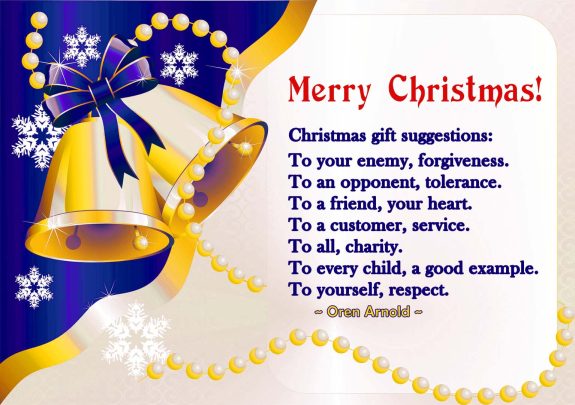 Modern Christmas card, blue with golden bells and a quote on gifts by Oren Arnold