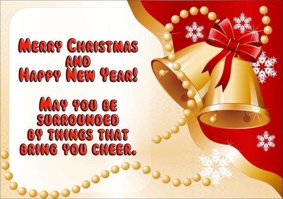 Red modern christmas card with golden bells and a greeting