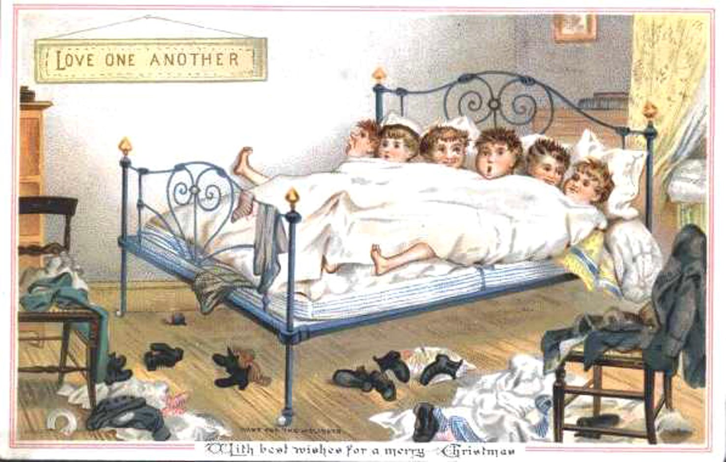 Boys in bedroom 1881 - No 01 in series of four amusing vintage Christmas cards
