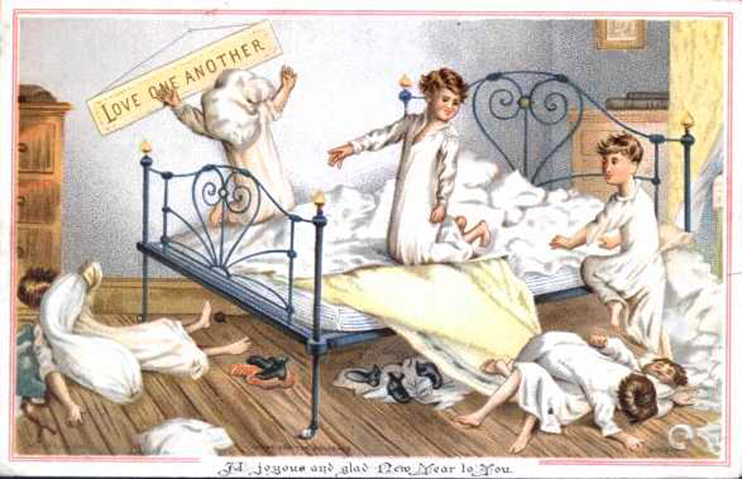 Boys in bedroom 1881 - No 03 in series of four amusing vintage Christmas cards