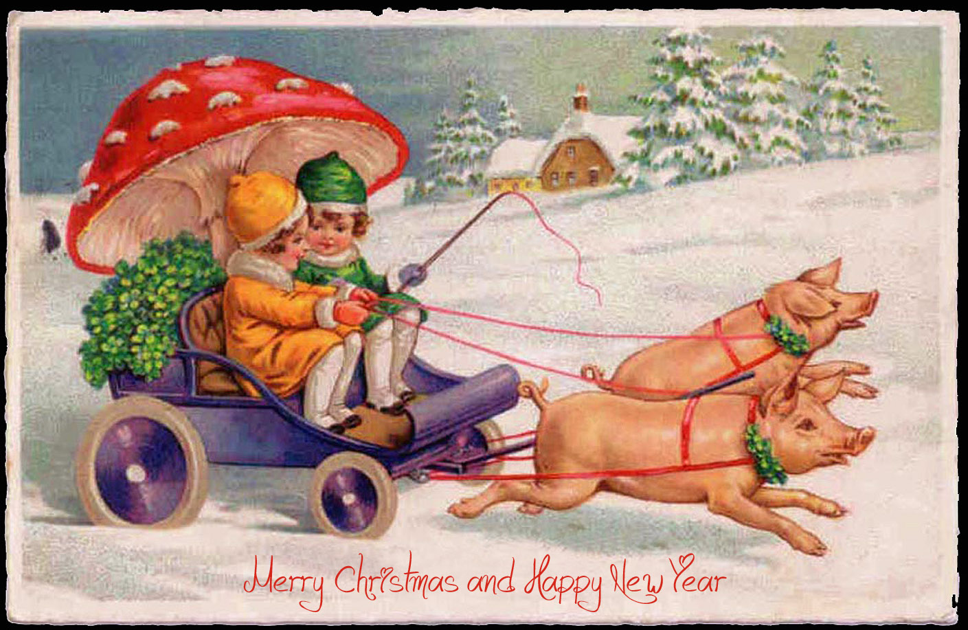 Kids using a huge mushroom as umbrella ride a small carriage pulled by pigs - funny Christmas and New Year card