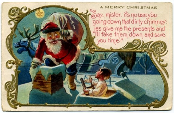 Kid talking to Santa Claus on a rooftop - funny vintage Xmas postcard