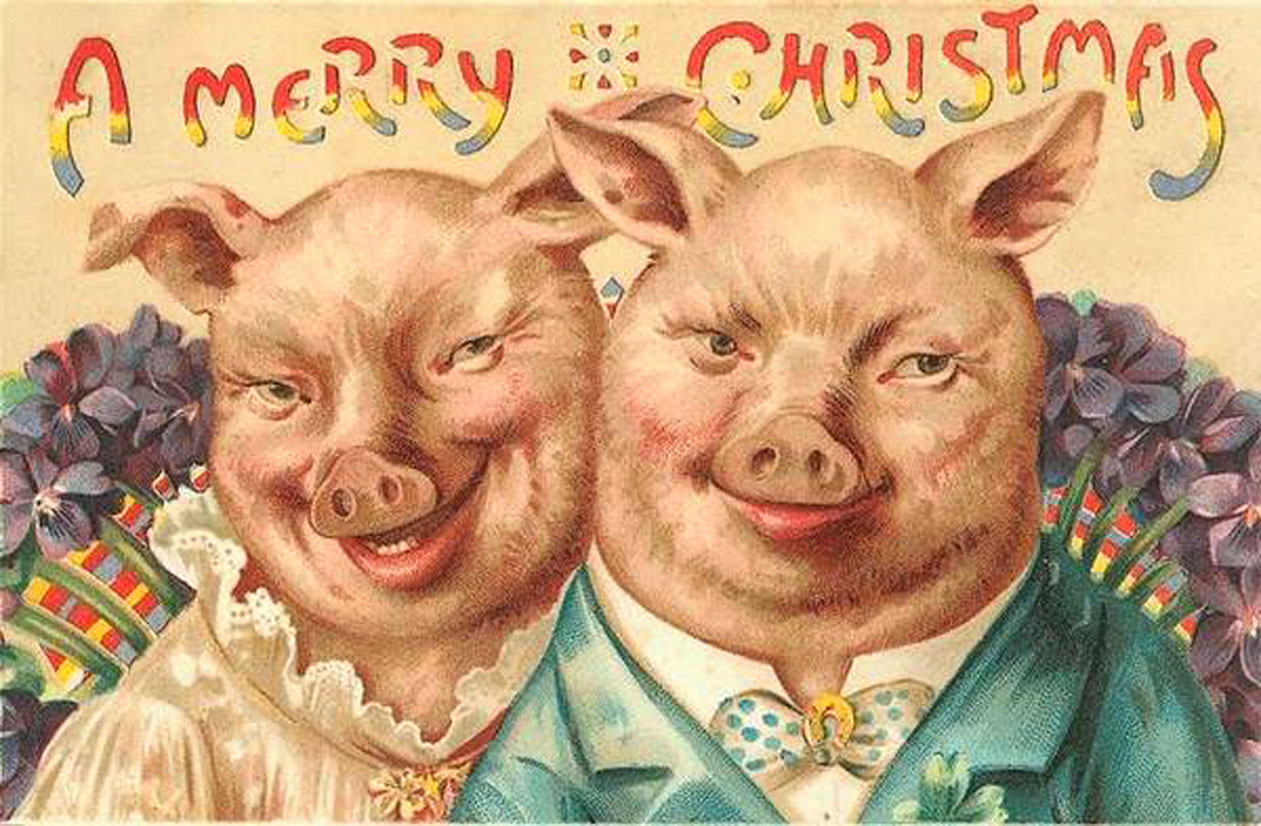 Funny ugly scary pig people - Christmas card