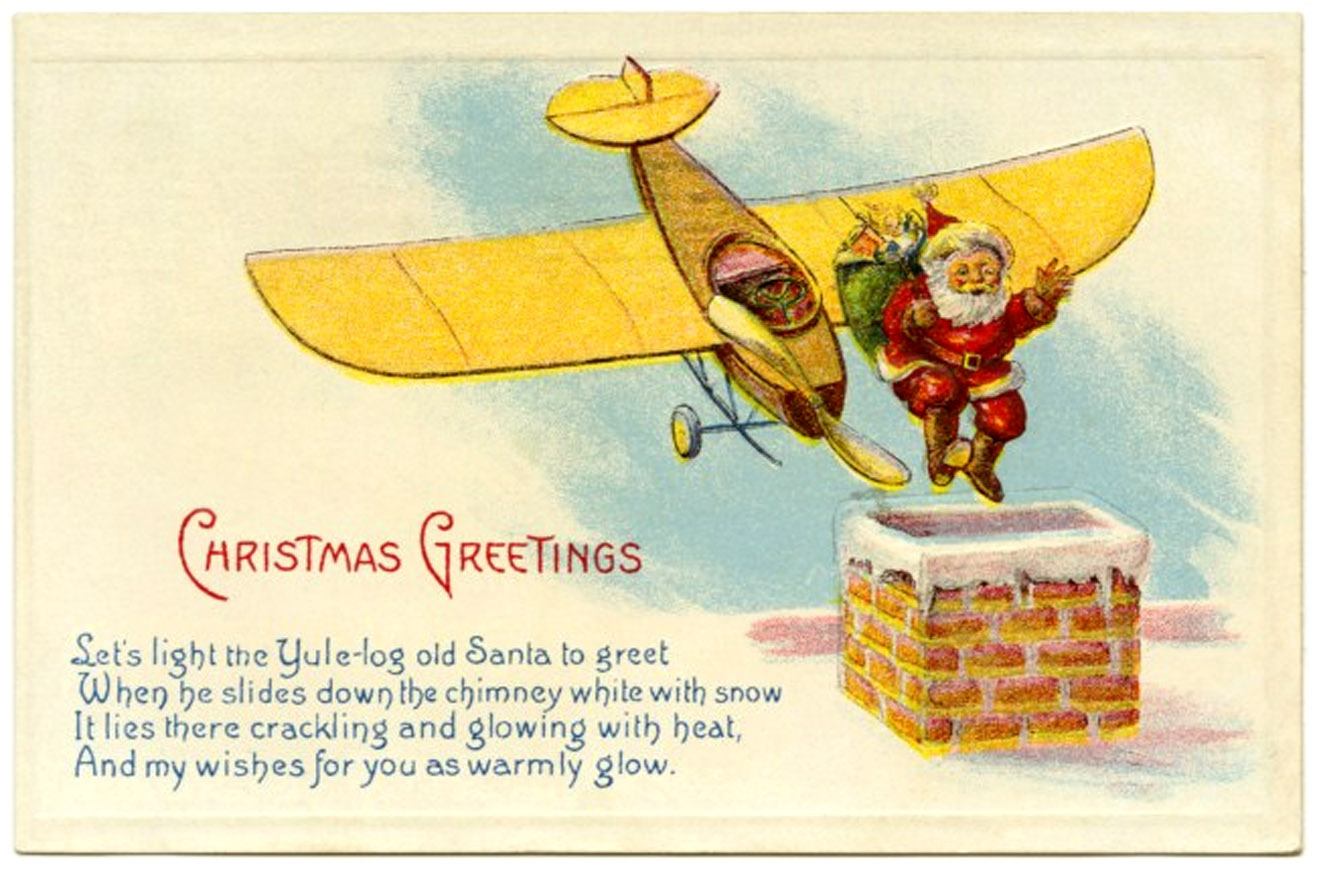 Santa Claus jumps out of plane into chimney - funny vintage Christmas card