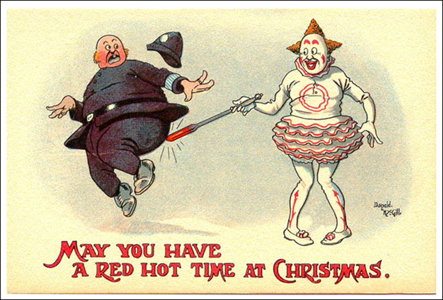 Clown touches policeman with red hot poker - by Donald-mcGill funny Christmas card