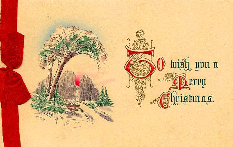 Christmas Vintage postcards, yellow, red ribbon, winter landscape drawing, old postcards, 1913