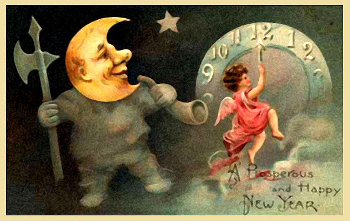 Old style picture with moon man and angel setting the clock on New Years eve.