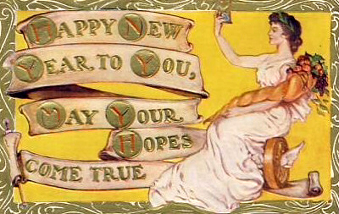 Art Nouveau New Year Card with woman in toga and rhyming New Years poem.