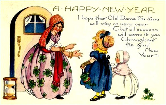 Vintage New Year card with Dame Fortune.