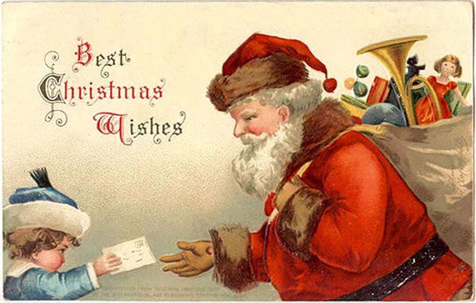 Vintage postcard by Ellen Clapsaddle, child, Santa Claus, letter 