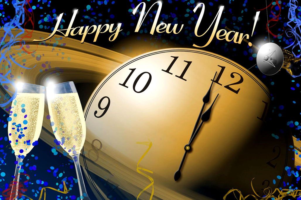 Modern computer edited New Years greeting with Champagne glasses and clock.