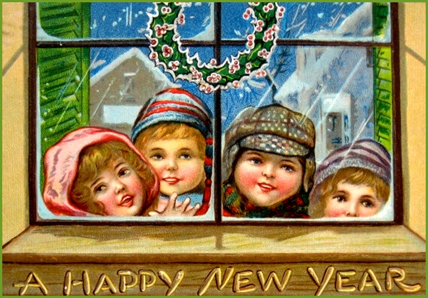 Vintage greeting card: Four children looking in through window.