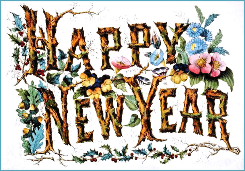 Vintage happy New Year card with funny writing consisting of wood and flowers.