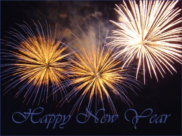 Example of comteporary New Year card. Photo of the night sky with three colorful fireworks