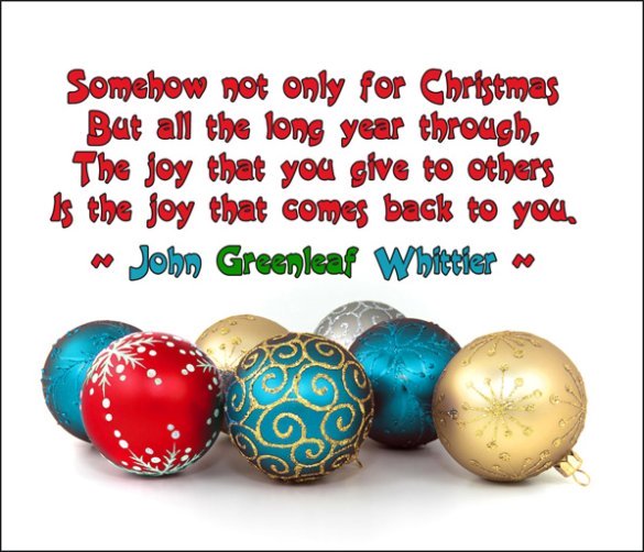 Modern Christmas postcard with Christmas balls in many colors and a quote.